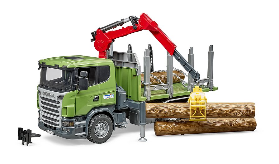 Ladung Forst LKW Bworld Bruder 03524 Scania Holztransporter mit Kran 