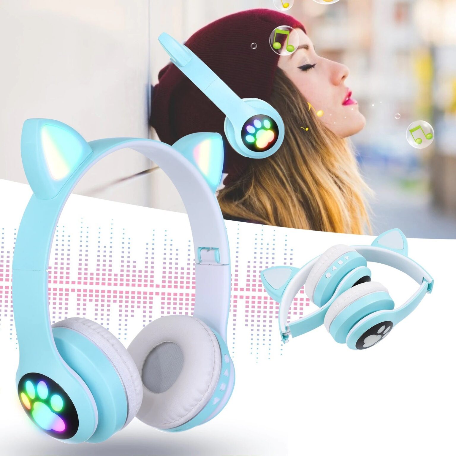 VIV23M Cat Ear Wireless Headphones Bluetooth 5.0 RGB Earphones Bass