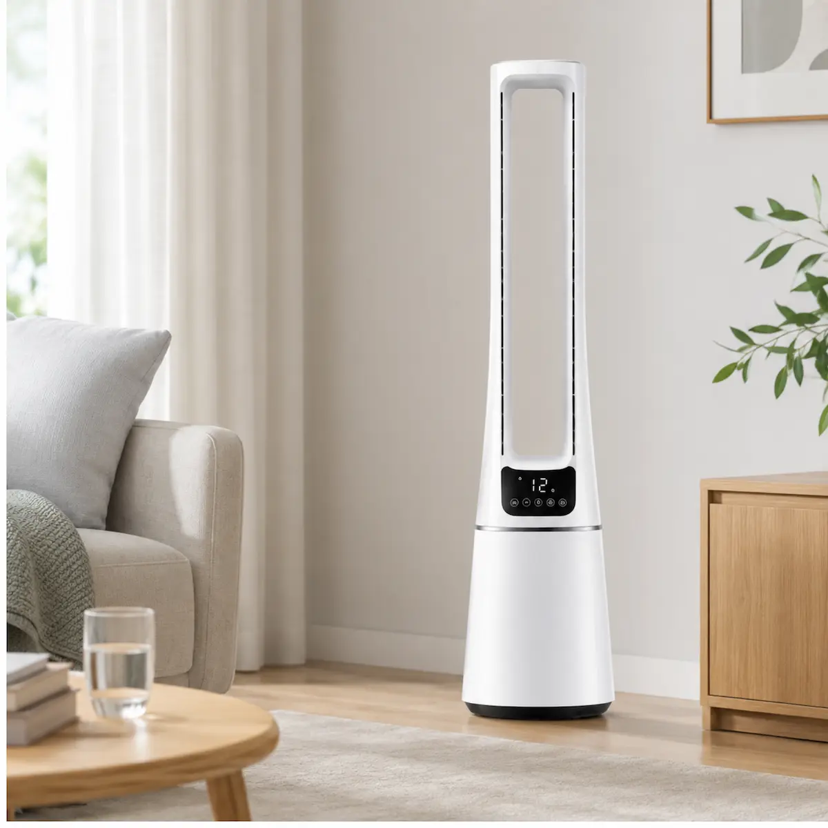 Midea-bladeless-fan-with-HEPA-H13-air-purifier-in-the-room